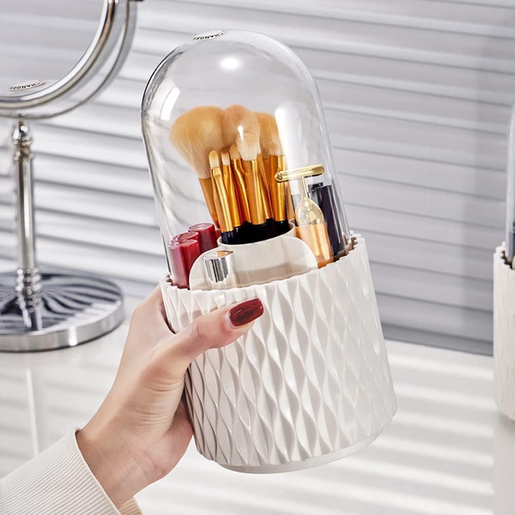 OTIPORTER Makeup Brush Holders Dustproof & Waterproof 360 Rotating Cosmetic Brush Holder With Cover Spinning Makeup Organizer-image-3