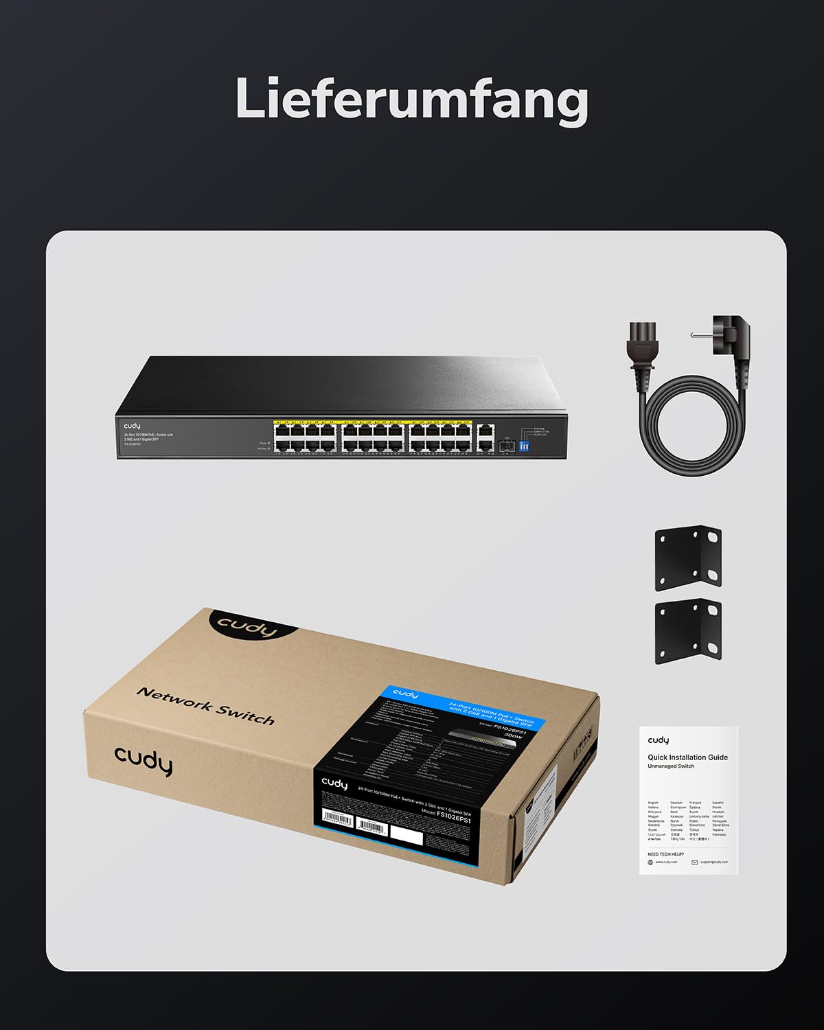 Cudy 24-Port 10/100M PoE+ Netzwerk Switch 300W 2 GbE 1 SFP VLAN FS1026PS1 | Unmanaged Rackmount Metall-Hub; Plug & Play IEEE 802.3at/af; 250m CCTV Extend; Watchdog Recovery; Speist IP Cams, VoIP, APs