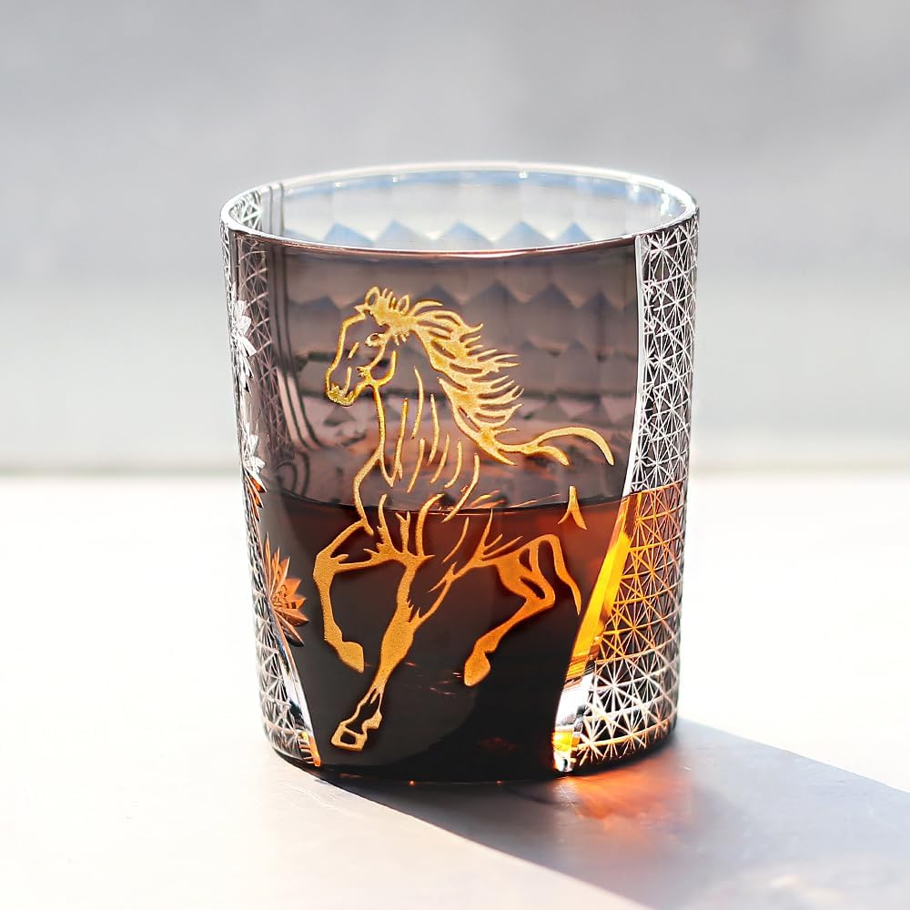 JINZHI Hand-Painted Gold Horse on Edo Kiriko Glass | Year of the Horse 2026 Limited Edition | Japanese Hand-Cut Zodiac Tumbler, Luxury Chinese New Year Gift & Barware (Black)