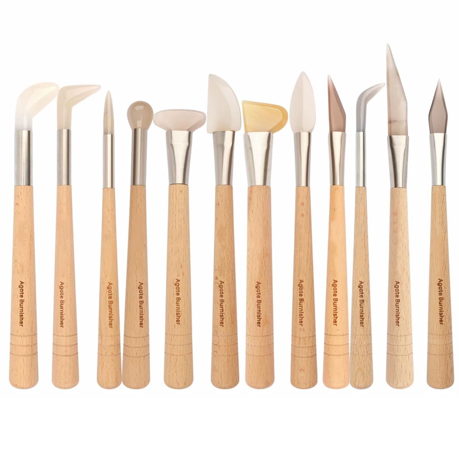 Set Professionale di 12 Pezzi per La Creazione di Gioielli con Brunitura in Agata, Manico in Legno, Teste Abrasive Piatte, Angolate E Rotonde, per Brunitura di Foglia Doro
