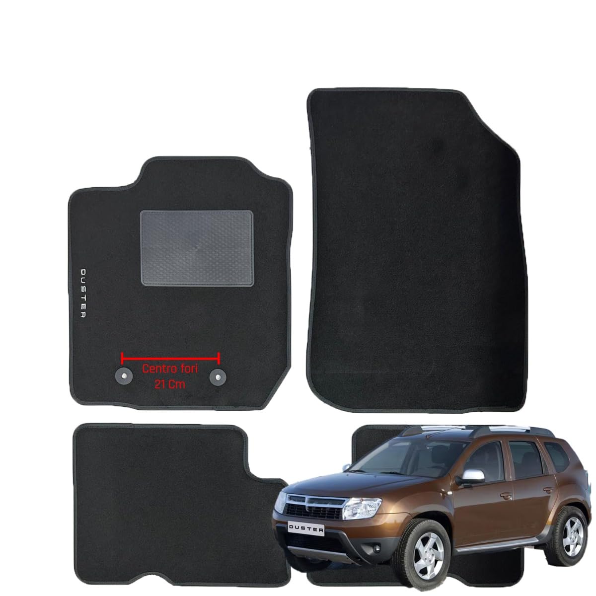 Serie 4 TAPPETI - TAPPETINI in Moquette Neri per DACIA DUSTER 2010->2018-21cm