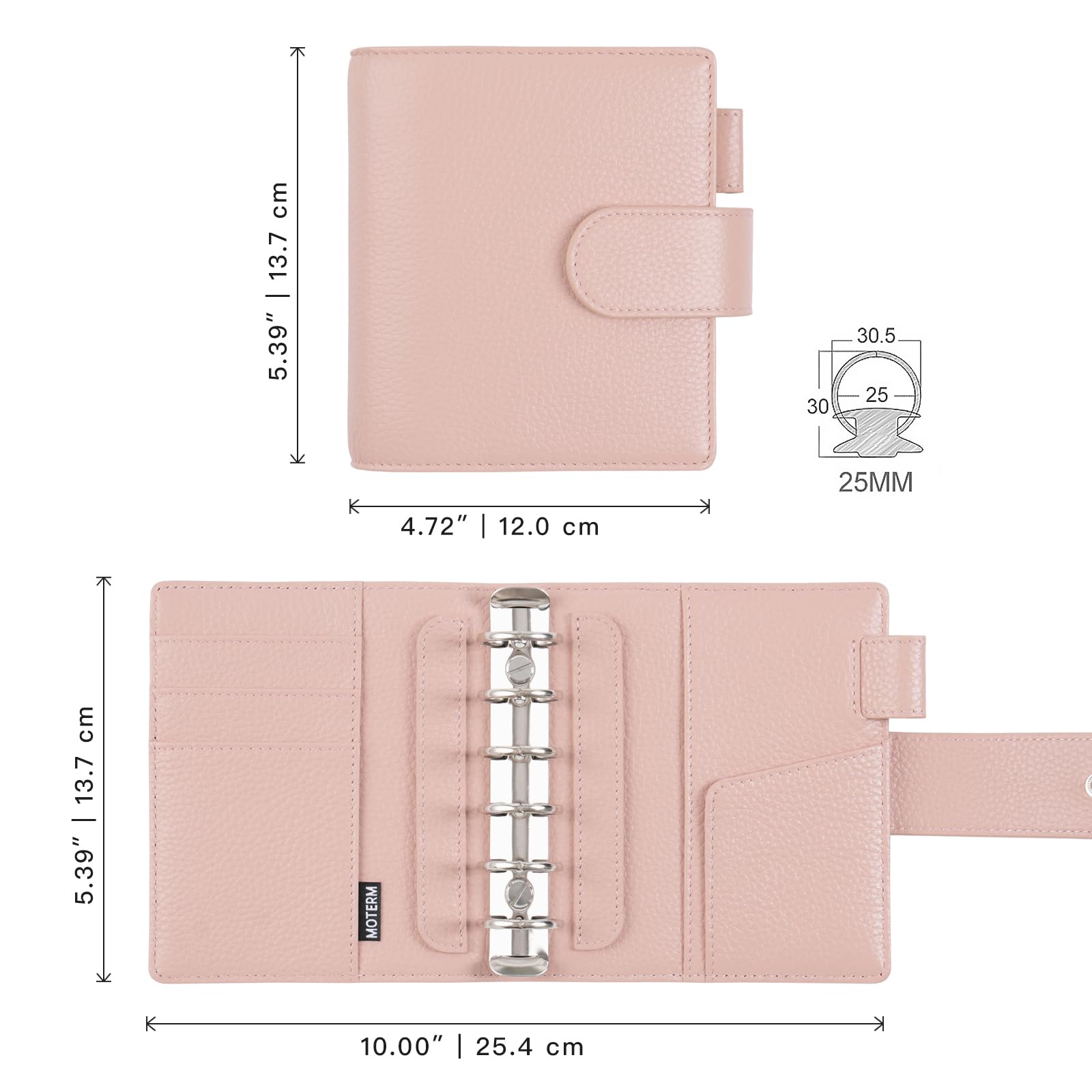Moterm Elite Pocket Rings Planner - Genuine Leather Folder A7 Organiser without Large Back Compartment (Pebble Dust Rose, 25 mm Ring) - Image 2