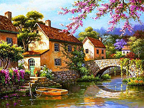 Kits de pintura de diamantes 5D casa árbol lago paisaje mosaico de diamantes bordado paisaje punto de cruz decoración del hogar-B_40x50cm Cover