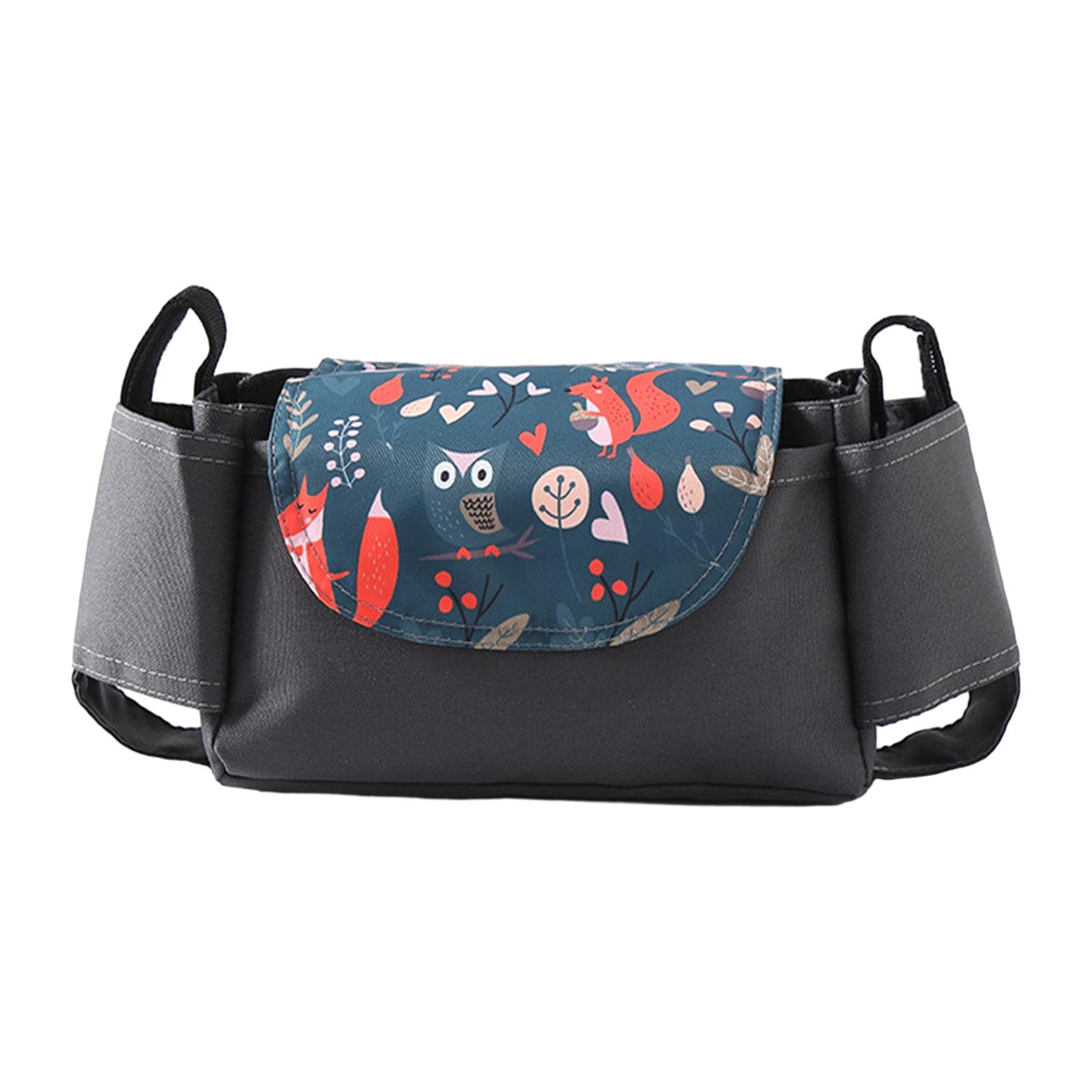 Hiseng Pram Bag Pram Accessories with Insulated Cup Holders, Grey Universal Pram Organiser Multifunctional Buggy Bag, Pram Organiser Bag for Diaper Storage, Baby Bottle, Toys (Owl,35x15x11cm)