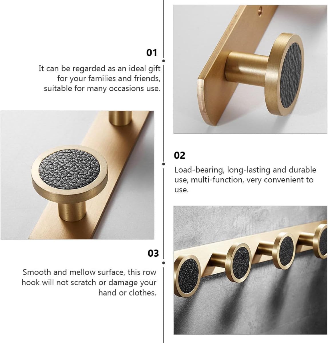 Brass Wall-Mounted Hanging Clothes Hook 5-Hook Row Black Leather Coat and Hat Rack for Bathroom and Door Storage