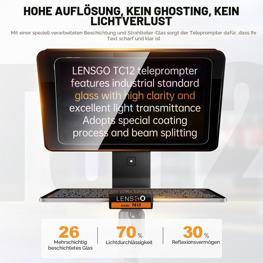 LENSGO TC12 Teleprompter fürDSLR/spiegellose Kamera und Tabletbis zu 12,9"|ProfessionellerTeleprompter für Videoaufnahmen,Vlogging, Live-Streaming.