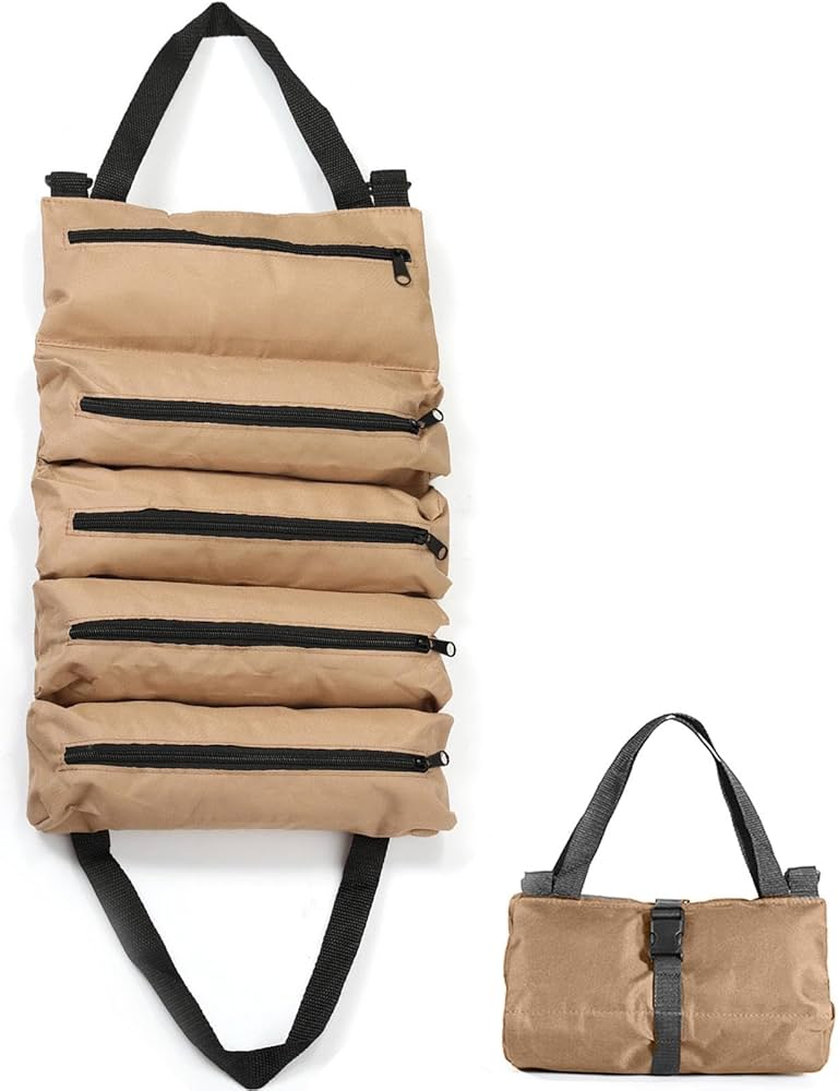 Rullo Per Attrezzi In Tela Cerata Da 16 OZ Con 4 Tasche 1 Rullo Rimovibile E Fibbie Regolabili, Versatile Borsa Per Attrezzi Per Falegnami Meccanici Elettricisti | Kaki - Foto 3