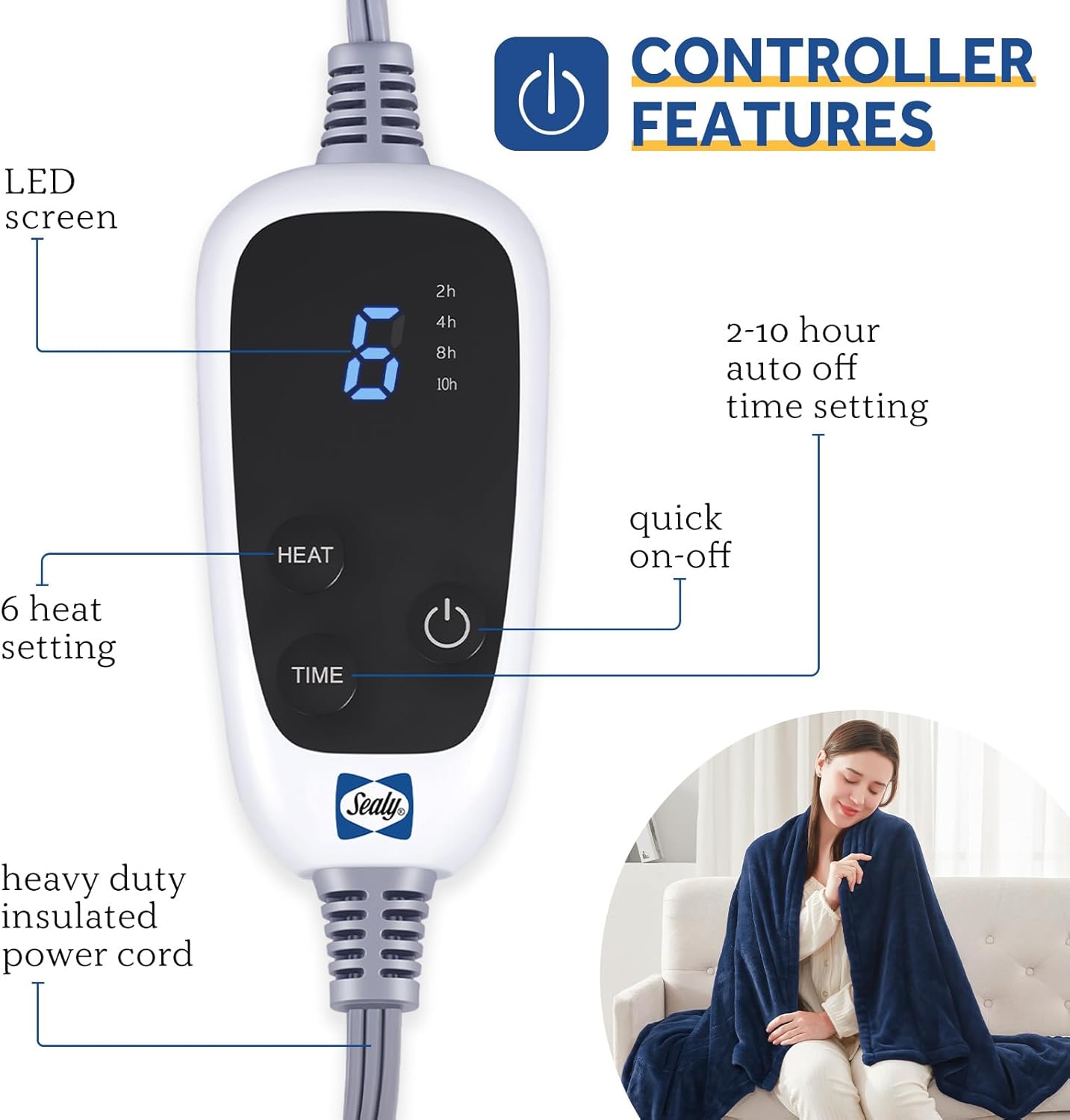 Sealy Electric Blanket Throw, Soft Flannel Heated Blanket with 6 Heat Settings & 2-10 Hours Auto Shut Off, Fast Heating & Machine Washable, 50x60 Inch, Navy - Image 3