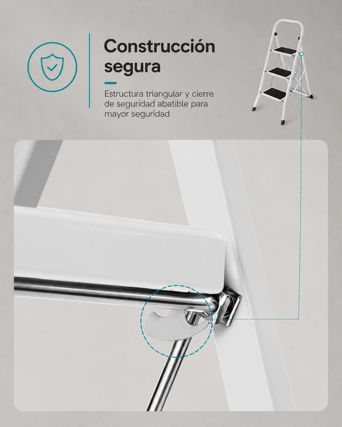 Escalera Plegable de Metal Domestica Color Gris Oscuro, Taburete Plegable peldaño Extra Ancho y con Apoyabrazos Carga hasta 150 KG (2p Blanca)