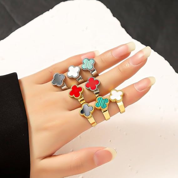 Gold Plated Five Leaf Clover Ring for Women, Lucky Flower Jewelry,Lucky rings for women to wear everyday (D)