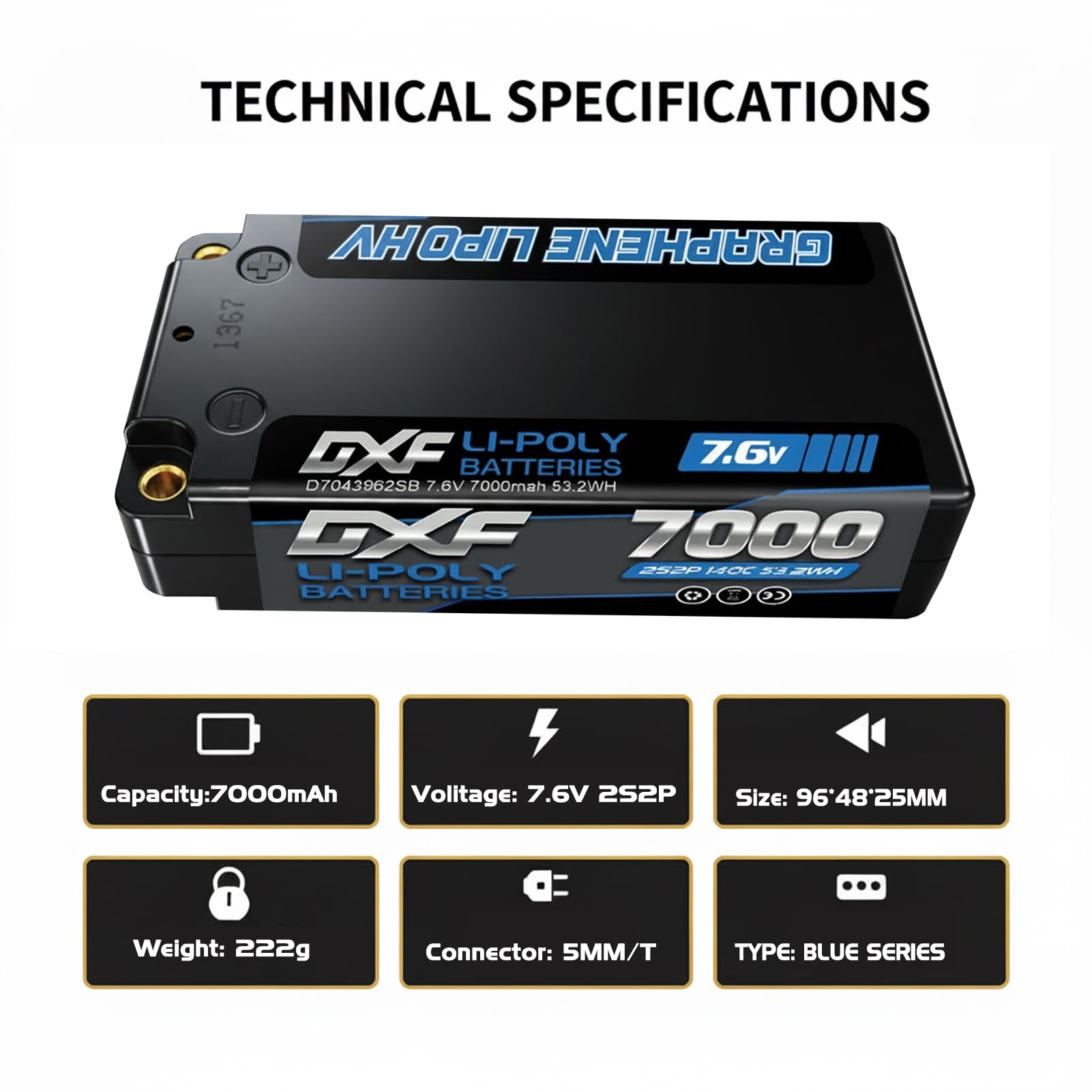 DXF Batería LiPo HV 2S 7.6V 7000mAh 140C con Conector 5mm Bullet a Deans-T para Coches RC 1/8 1/10- Potencia Sin Límites - Pack de 2 Unidades