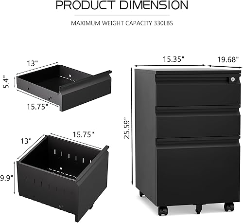 Miniatura 3 de VZADGWA Archivador de 3 cajones con cerradura, archivador de metal móvil con cerradura, archivador negro para oficina en casa, gabinete de