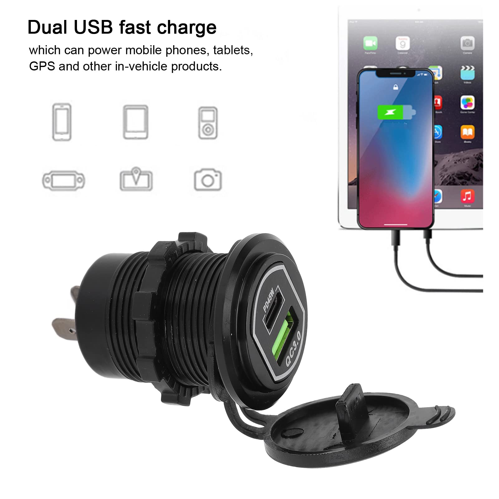 Caricabatterie per auto USB Caricatore di ricarica rapido con uscita a doppia porta per auto 12‑24V