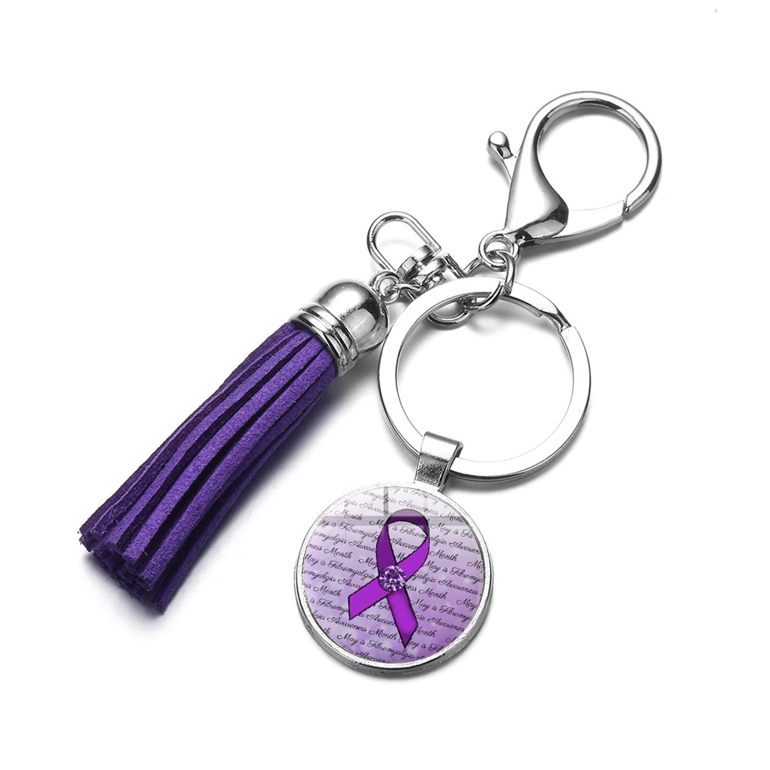 Zeia3 Women's Brown Charm Purple Ribbon Tassel Keychain More Care Fibromyalgia Awareness Symbol Crystal Key Ring Bag Pendant