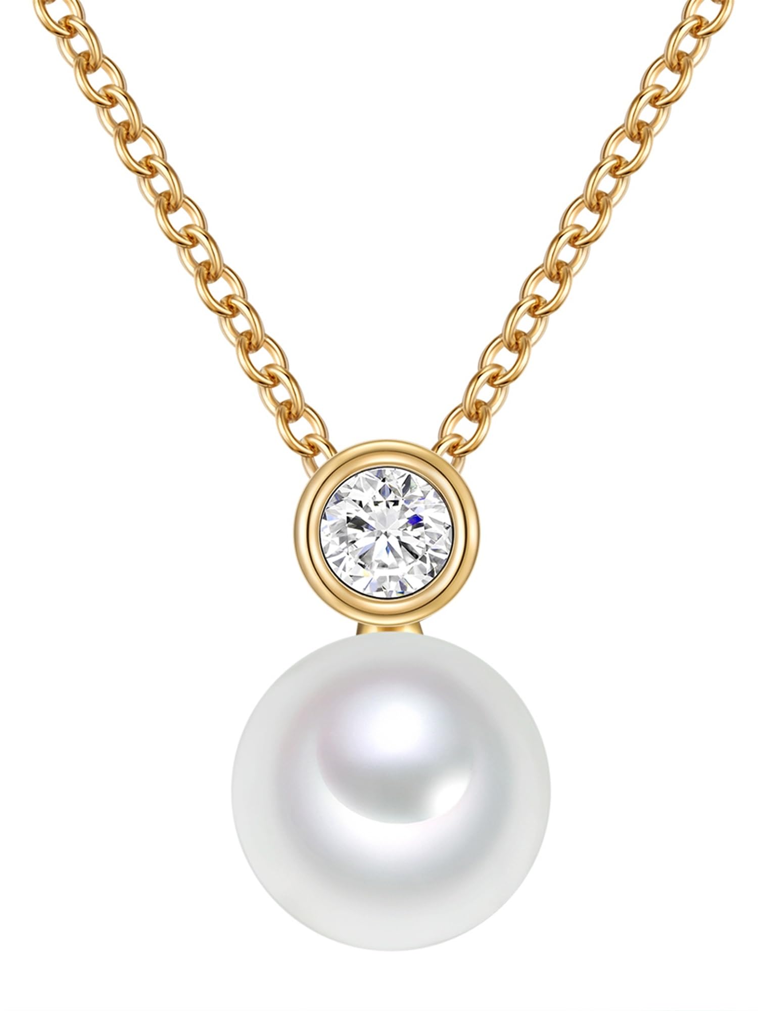 Valero Pearls Damen Halskette 925/- Sterling Silber Gelbgold Perlenanhänger | Süßwasser-Zuchtperle,Button-Form,Perlengröße 8 mm,Zirkonia,weiß,Silberhalskette,Anhänger,echte Perle,Ankerkette,42+7 cm,