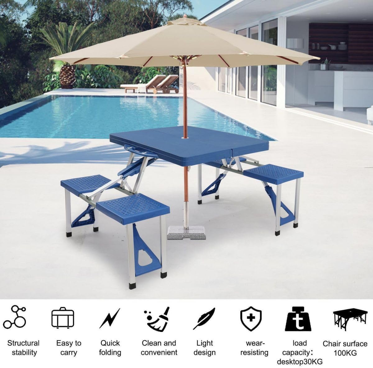 Camping Picnic Table Set with 4 Seats with Umbrella Hole Folding Lightweight Suitcase Card Table Support Aluminum Frame, Plastic RV Tabletop for Barbecue,Travel,Outing,Gathering