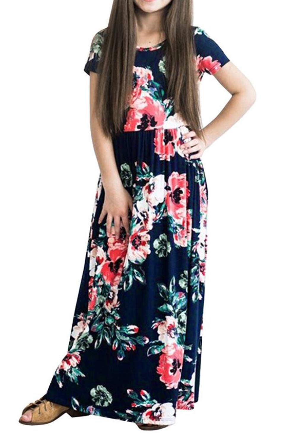 Dutebare Girls Summer Short Sleeve Floral Maxi Dress Casual Long Dresses with Pockets