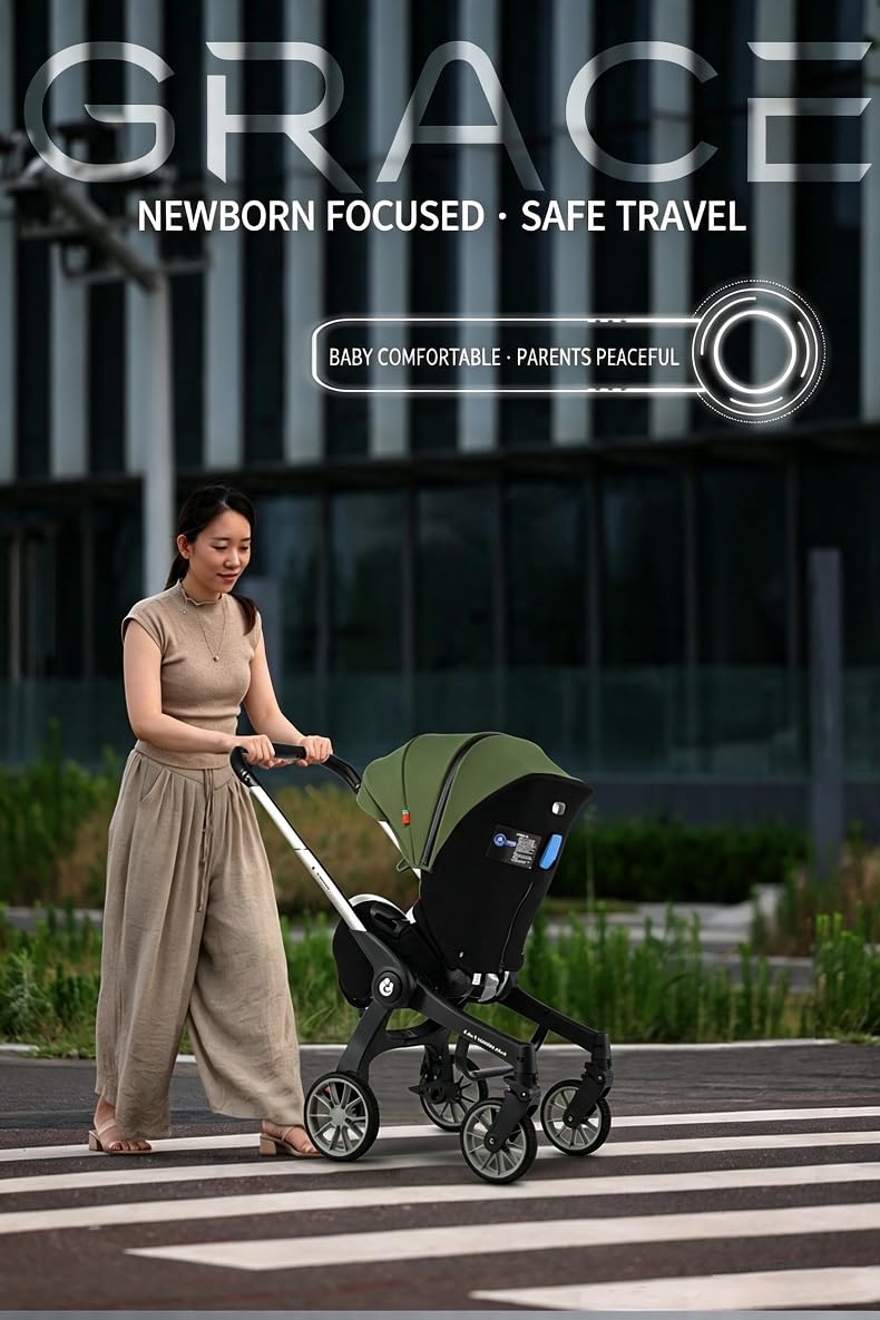 Passeggino Trio 4 in 1 Multifunzione，con Doppia Modalità Push Reversibile，Carrozzina per Neonati in Pieghevole，dalla Nascita a 22 kg（verde）