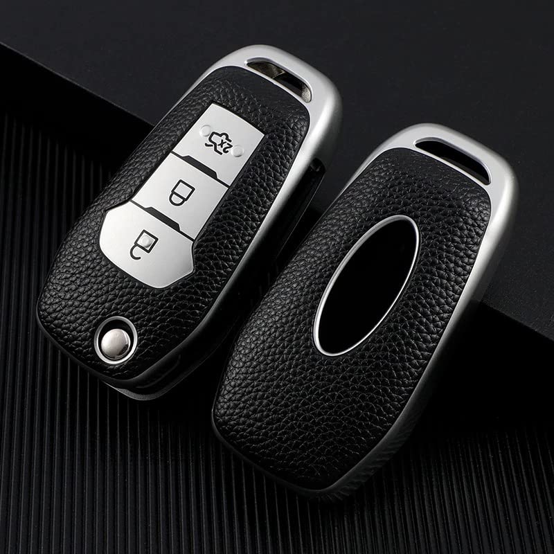 Image of JVCV Premium Soft TPU Leather Pattern Key Cover Compatible with Ford Endeavour Figo Aspire Freestyle 3 Button Folding Key (Silver)