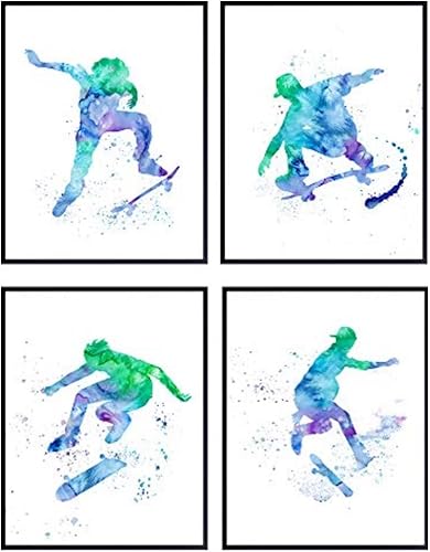 Skateboarding Watercolor Wall Art Prints - Set of Four - Great Gift for Skaters - Chic Home Decor - Ready to Frame (8X10) Vintage Photos