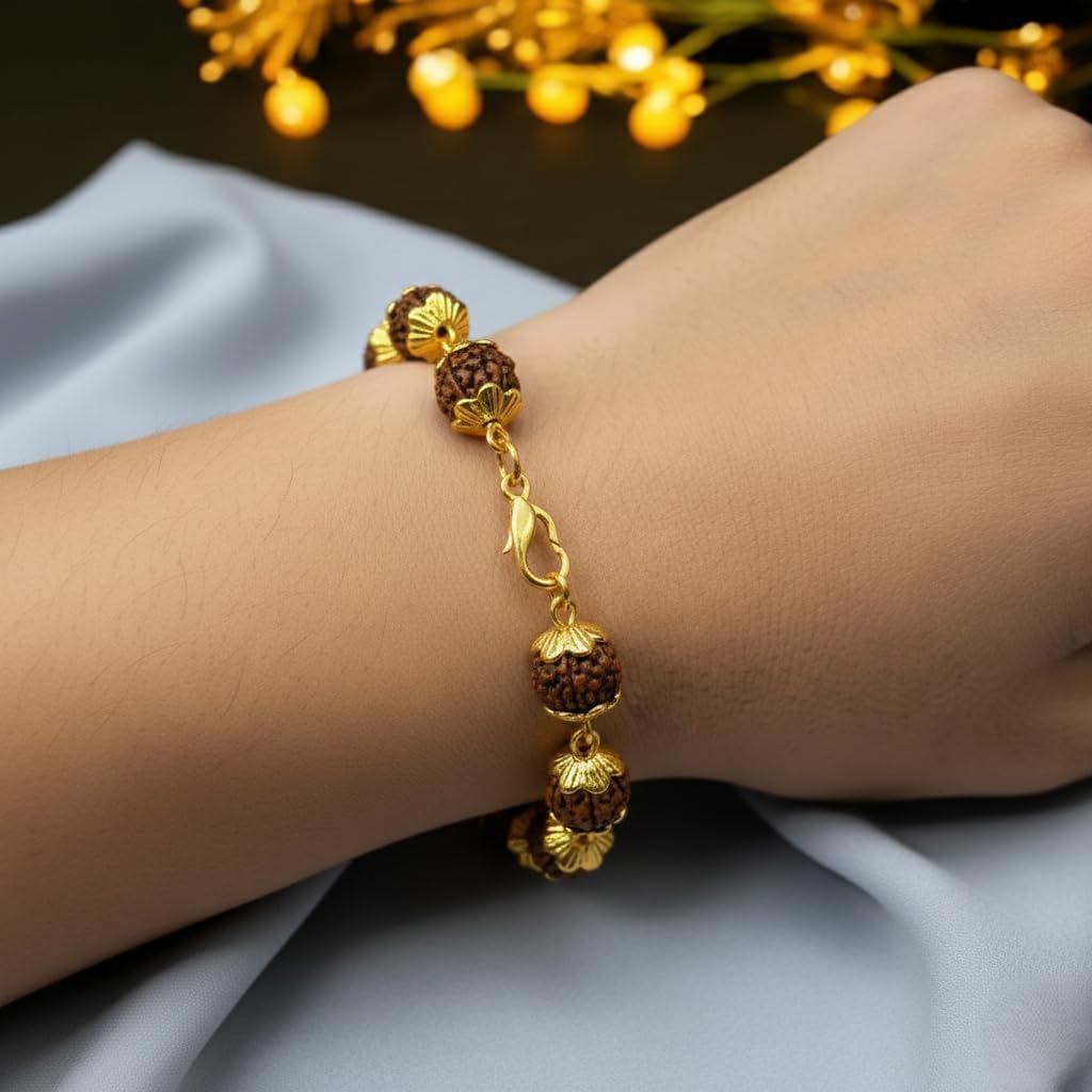 Combo Of Silver And Gold Plated 5 Mukhi Original Shiva Cap Rudraksha Chain Bracelet, Hindu Spiritual Jewellery