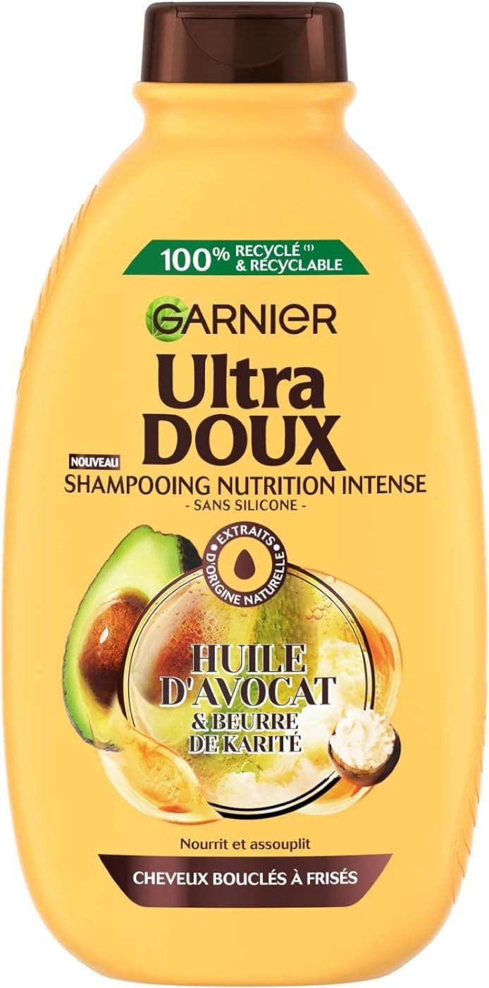 Shampooing Garnier Ultra Doux pour Cheveux Secs et Bouclés - À l'Huile d'Avocat et Beurre de Karité - Texture Crémeuse -