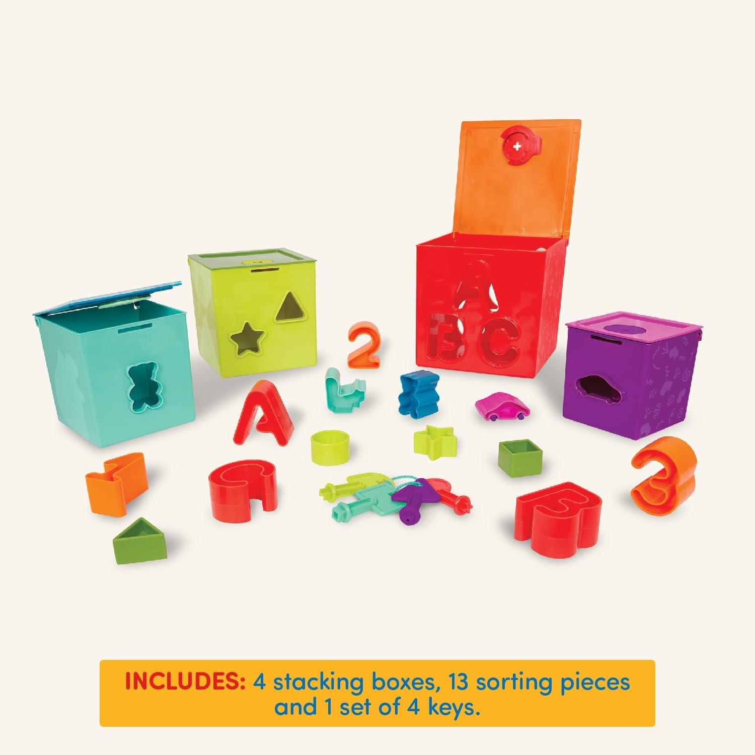 Battat – Sorting & Stacking Boxes – Nesting Toddler Play Cubes – Color – Coded Dexterity Keys – Numbers, Letters & Shapes – 2+ Years – Lock & Learn Activity Cubes