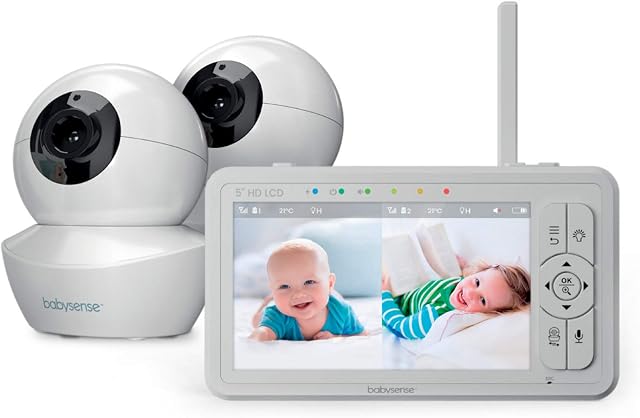 Babysense 5" HD Split-Screen Baby Monitor, Video Baby Monitor with Camera and Audio, Two HD Cameras with Remote PTZ, Night Light, 300m Range, Two-Way Audio, 4x Zoom, Night Light, 4000mAh Battery