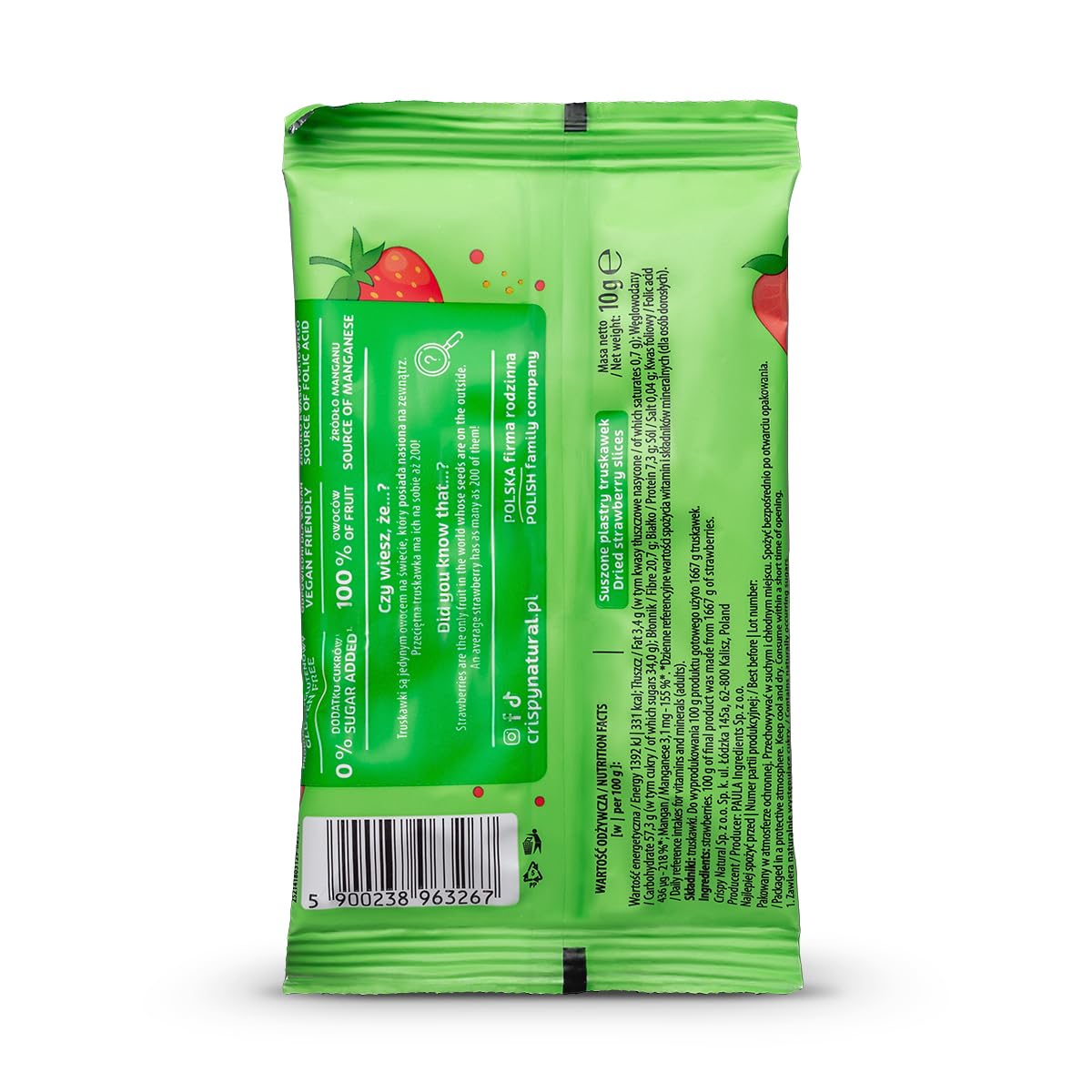 Crispy Natural Chips de Fresa 20x10 g. Chips de Frutas Secadas al Aire, Naturalmente Crujientes. Snack Saludable sin Azúcares Añadidos, Libre de Gluten. Fuente de Fibra. Pequeñas Porciones.