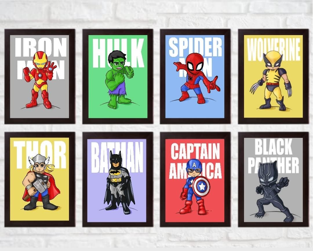 Set of 8 Superhero Wall for Kids Room Personalized Avengers Canvas Wall Print Spiderman, Ironman, Hulk, Batman Posters for Kids Bedroom (7 x 5 inches)