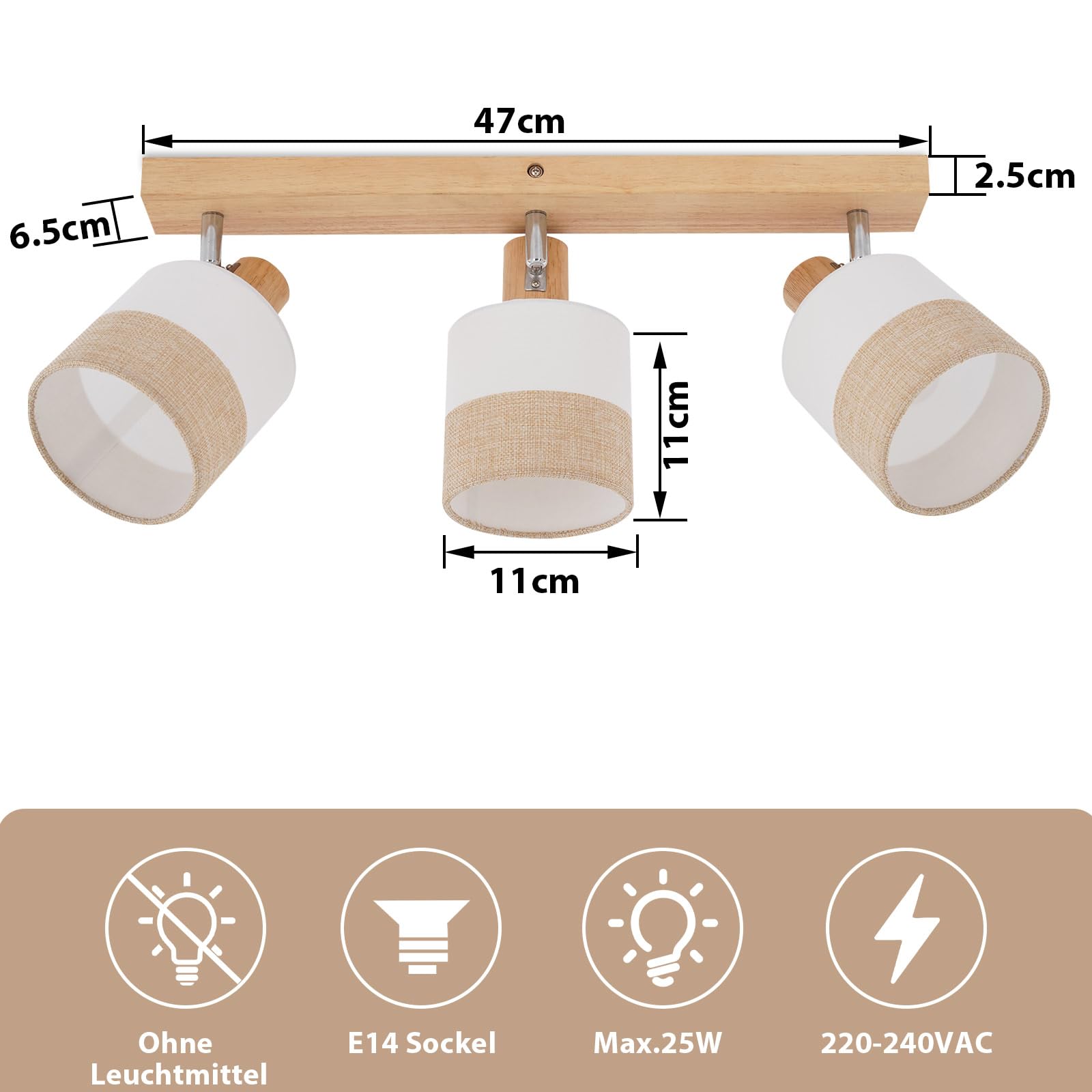 Glitzerlife Deckenstrahler 3 Flammig Deckenleuchte Holz Vintage E14 Retro Schwenkbar 350° Ohne Leuchtmittel