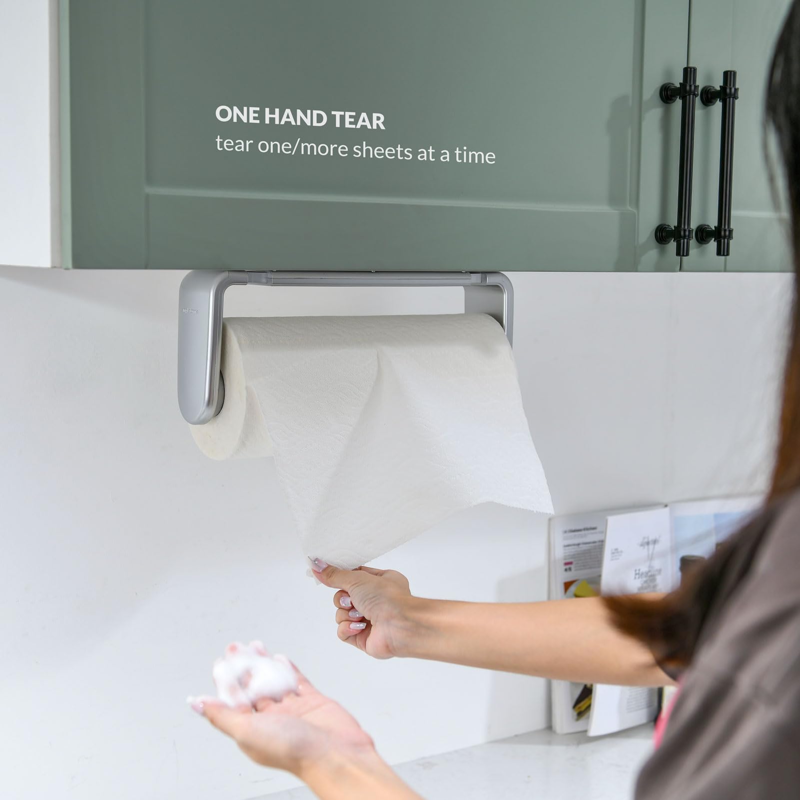 simpletome Paper Towel Holder Under Cabinet or Wall Mount ONE HAND Operation Tension Arm Kitchen Roll Holder (Silvery - Image 3