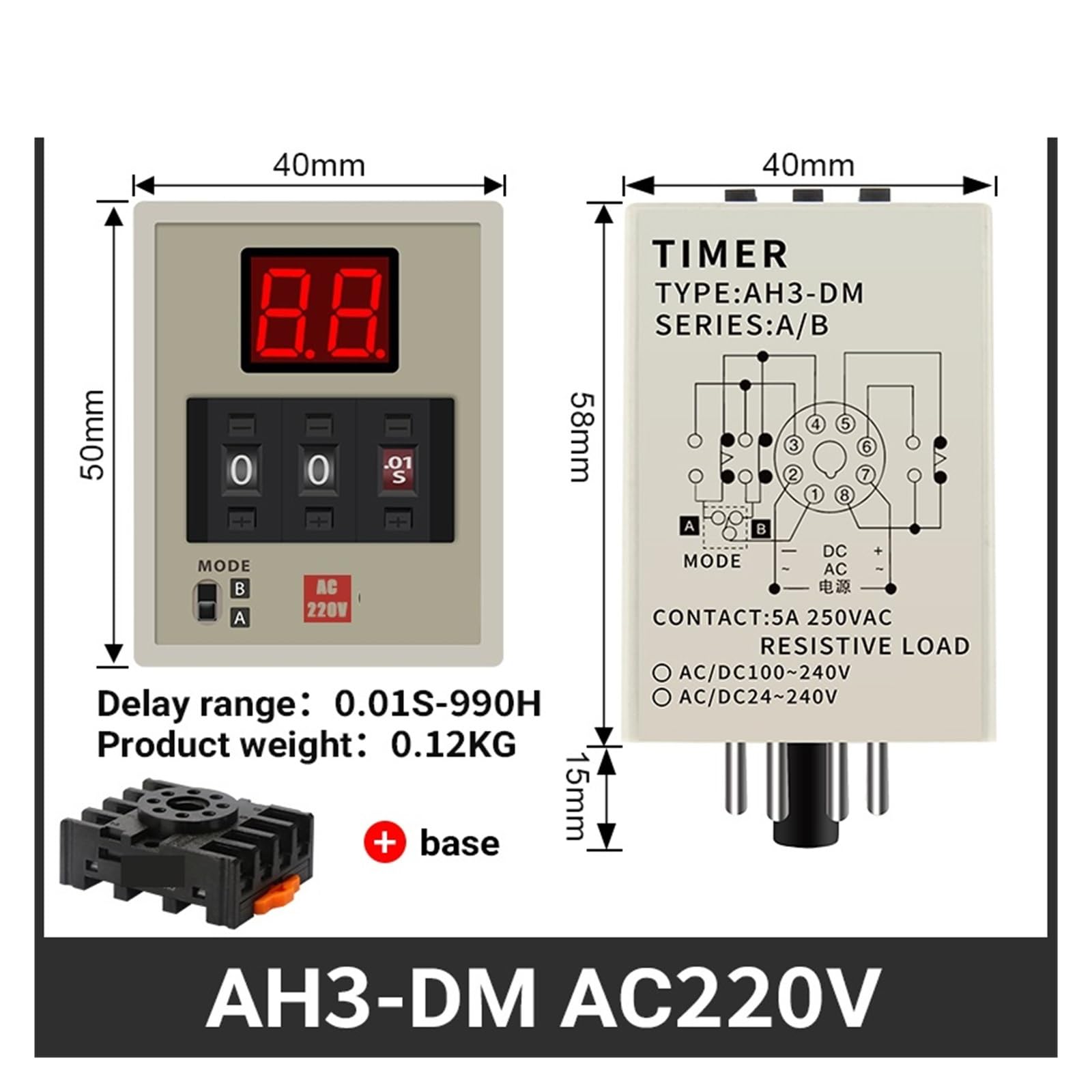AH3-DM Cyfrowy wyświetlacz czasowy przekaźnik podwójny tryby L/E/D opóźnienie timera 0,01S-990H 12~380V do elektrycznych systemów sterowania (AC220V)