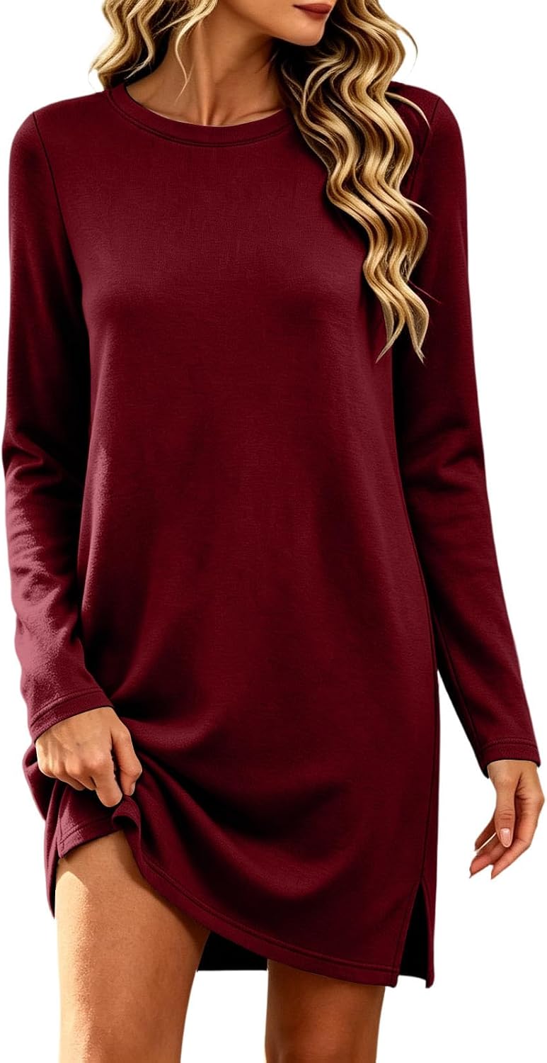 Women Long Sleeve Mini Dress Crew Neck Casual Loose Tunic Dress