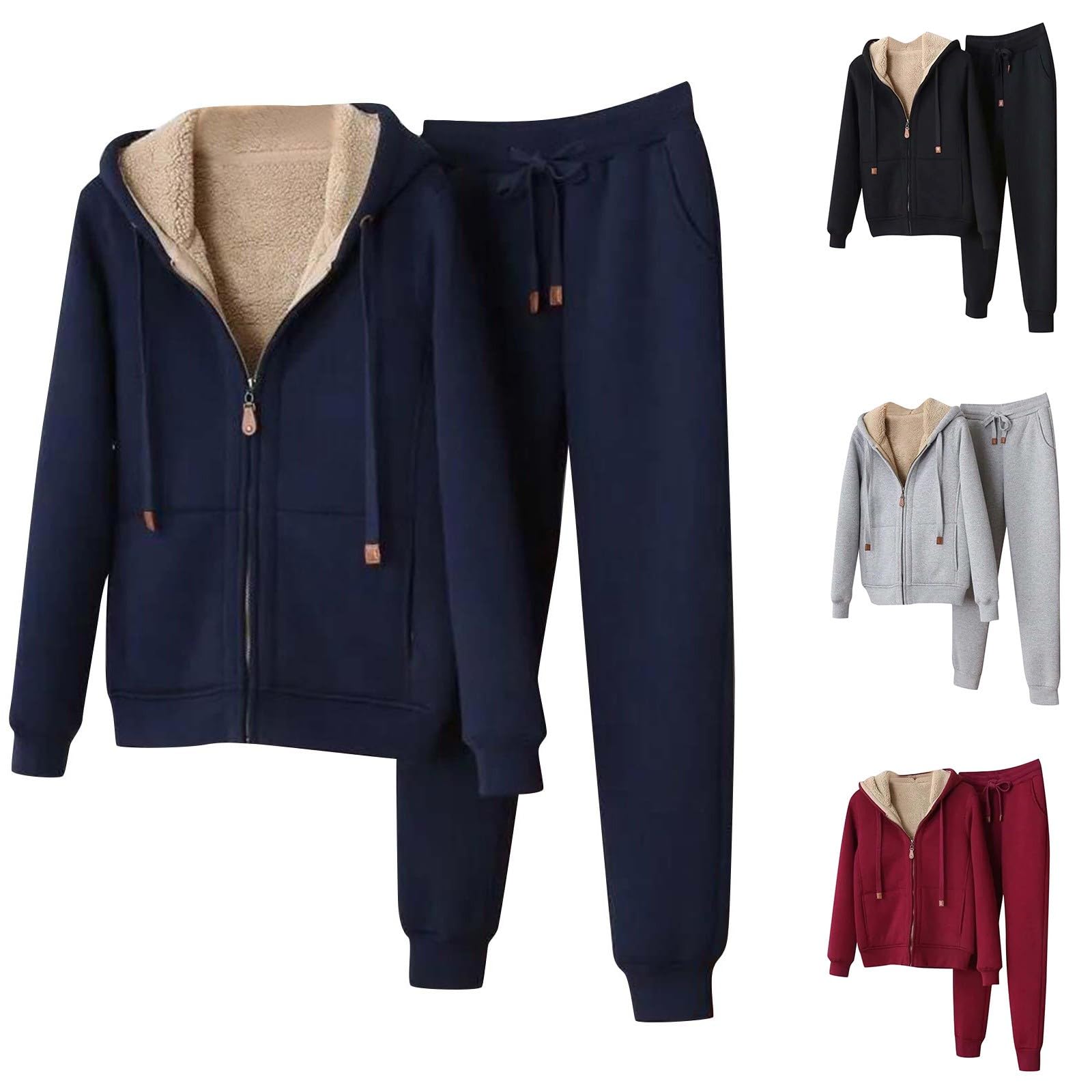 women's hooded tracksuit set warm fleece lined tracksuit womens full set zip up ladies hoodies and jogging bottoms autumn winter trouser suits sweatsuit running 2 piece outfit