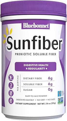 Bluebonnet Nutrition Sunfiber  0.24 oz de fibra soluble prebiótica a base de plantas  Apoya la salud digestiva*  Disolución instantánea  Sin OMG,