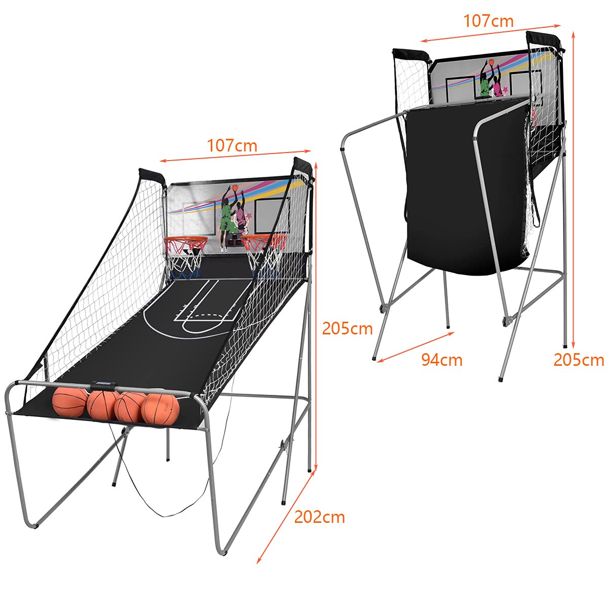 RELAX4LIFE Basketballständer Doppelschuss, Basketball Automat klappbar, Basketball-Arcade-Spiel 8 Spieloptionen für 2 Spieler, Schießmaschine mit 4 Bällen & Pumpe, Elektronische Bewertung mit LED
