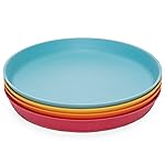 WeeSprout Bamboo Plates, Set of 4, Kid-Sized Dinnerware, Dishwasher Safe Melamine Dishware (Blue, Yellow, Orange, & Red, Without Lids)