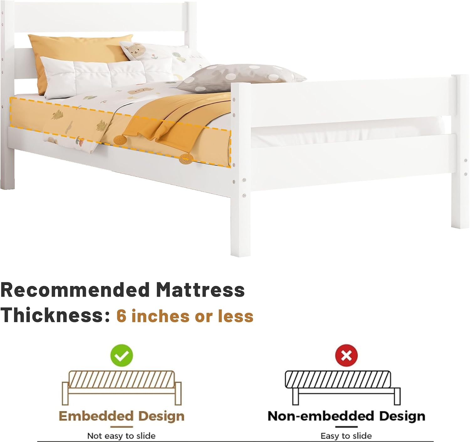 Twin Bed Frame with Headboard and Footboard, Modern Single Panel Bed with Slat Support, No Box Spring Needed,Solid Wood Twin Size Platform Bed Frames for Kids Girls Boys,White