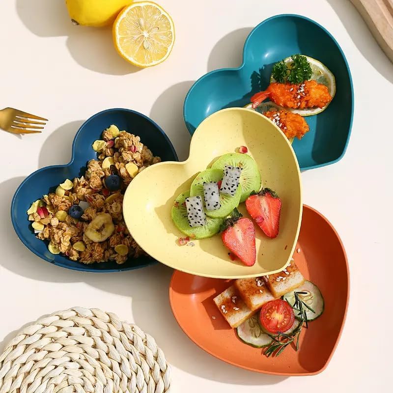 Image of DEVAR Plastic Heart Shape Snack & Dessert Plate Set for Kids with Stand | Lightweight, Eco-Friendly & Microwave Safe Chat Plates | Wheat Straw Fiber | Set of 10 (Blue)