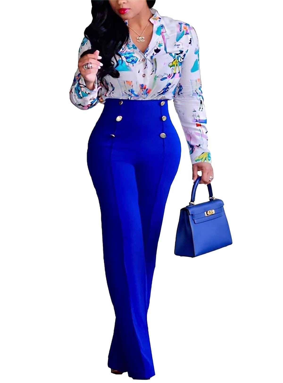 Sprifloral Women's Stretchy High Waisted Wide Leg Button-Down Pants Sailor Bell Flare Trousers