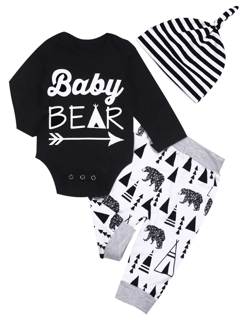 Newborn Baby Boys Girls Clothes Baby Bear Long Sleeve Bear Print Pants Outfit Sets + Hat 6-9months