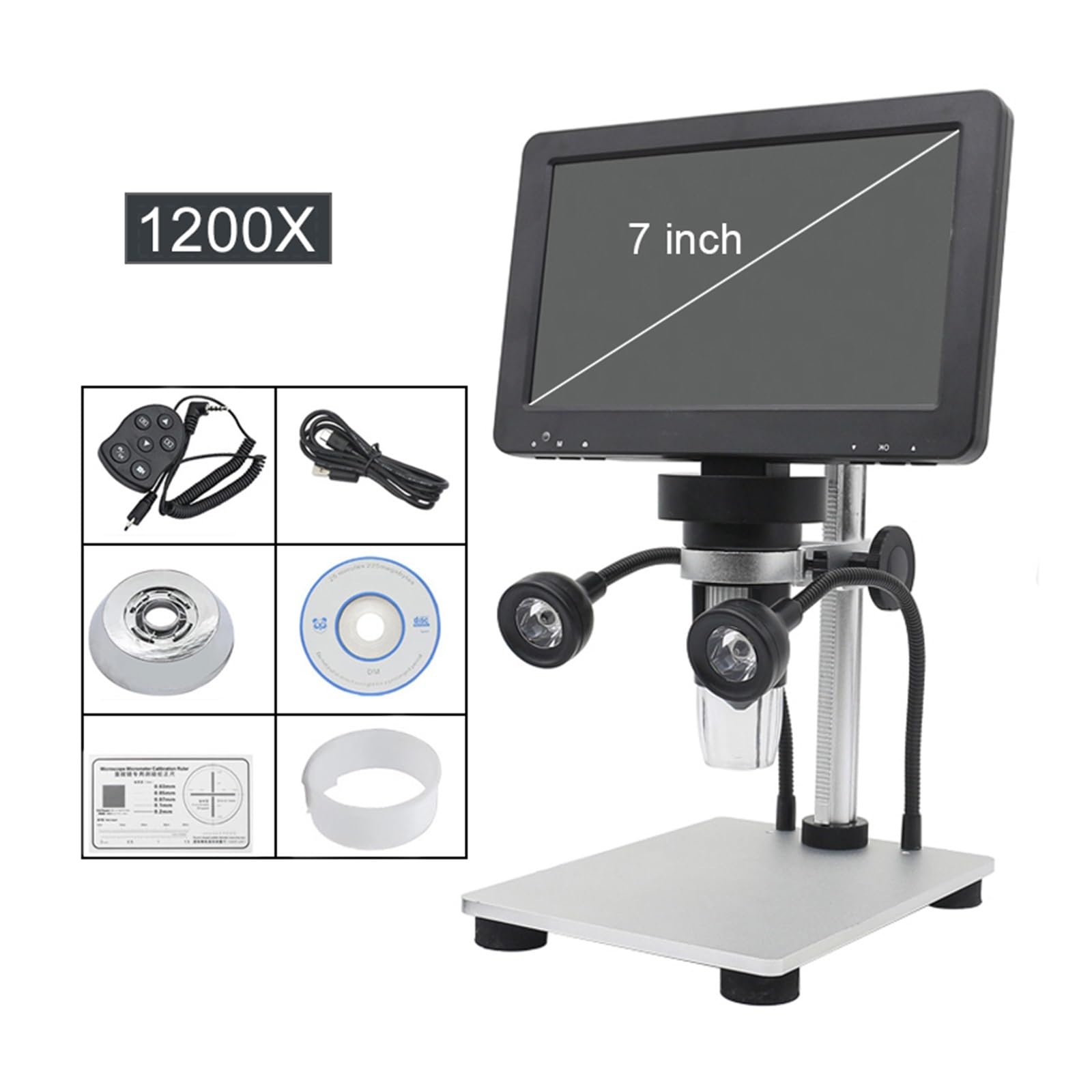 Microscopio, 1200X 7 Pantalla LCD Scopio Digital De Video LED con Soporte Elevación Metal Reparación