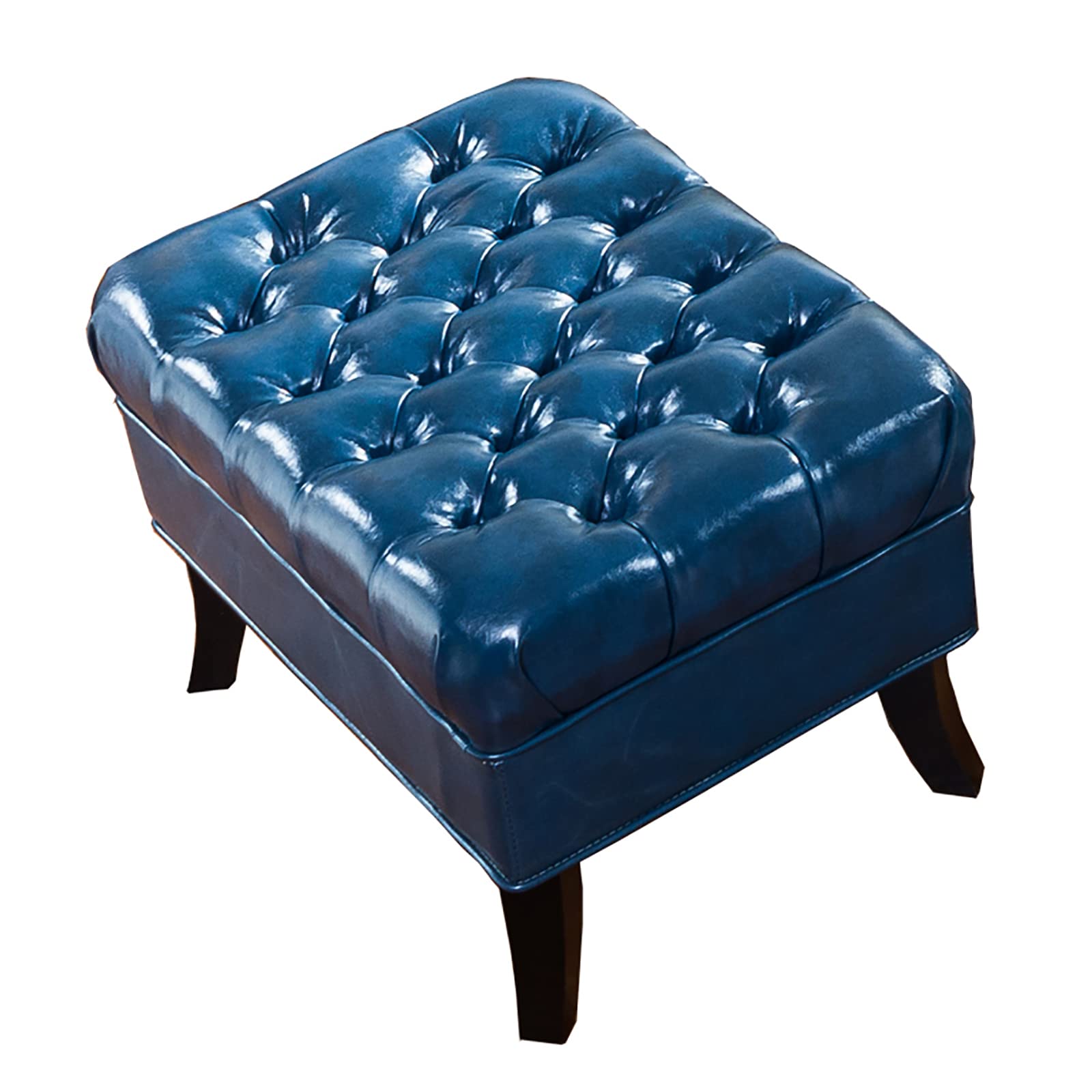 Banc à Chaussures d'entrée en Bois Massif | Repose-Pieds Ottoman Capitonné en Cuir Bleu