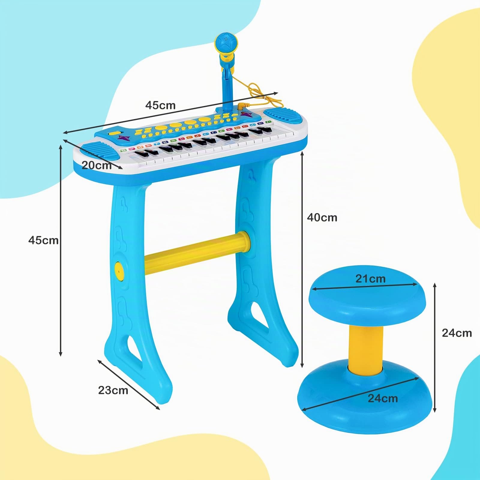 COSTWAY Tastiera Giocattolo a 31 Tasti, Pianoforte Digitale per Bambini, con Microfono Sgabello Luci, Funzioni di Record e Playback, Pianola Bambini con 22 Battiti/8 Toni/7 Ritmi, per 3+ Anni (Blu)