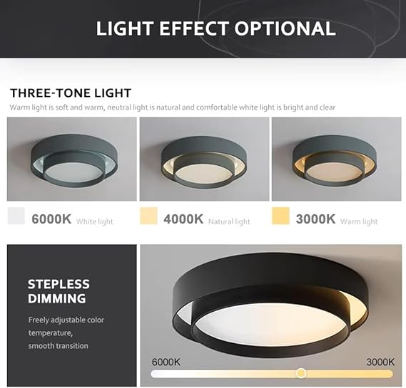 LED Ceiling Lamp, Modern Dimmable Lighting Fixture Adjustable 3 Light Colors, With Acrylic Shade & Metal Frame, Flush Mount Close To The Ceiling, For Bedroom Living Room Study Office(40cm,Black)