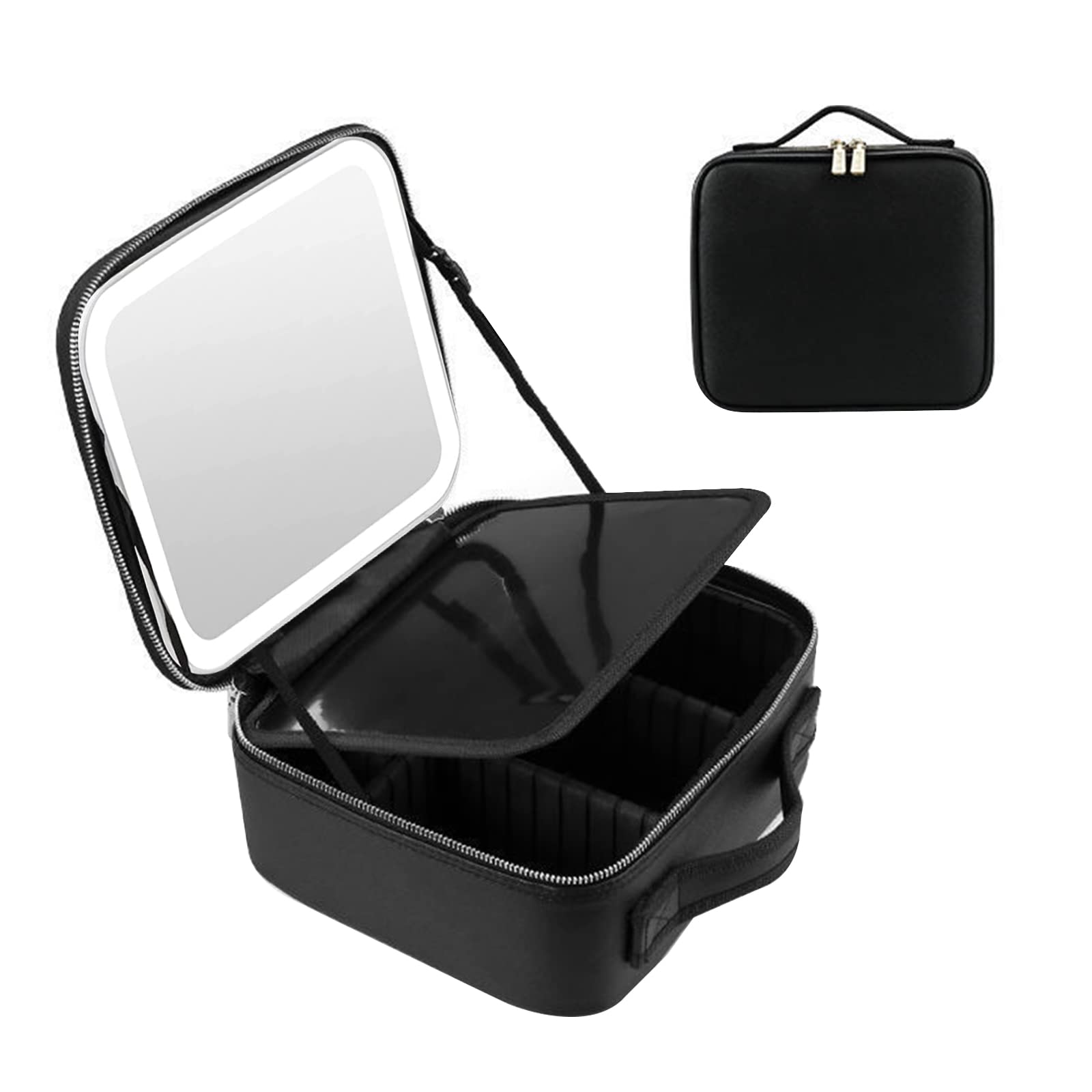 Treesunshine Bolsa de Maquillaje con Espejo portátil, con Espejo LED, Bolsa de Maquillaje para Mujer con Bolsa de Pinceles y Divisor Ajustable, Organizador Profesional con LED Tricolor, Negro
