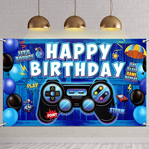 Video Game Party Supplies Happy Birthday Banner Spiel auf Geburtstagsparty Hintergrund, Willkommensschild Pixeliger Hintergrund Spiele Schild für Videospiel Wand Foto Tischdecke (blaues Holz) Cover
