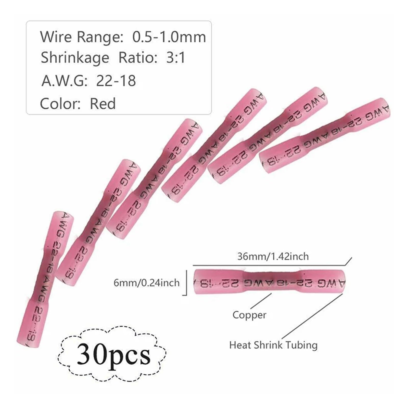 50 connettori termorestringenti per cavi auto, terminali a crimpare, 18-22 AWG e 16-14 AWG.