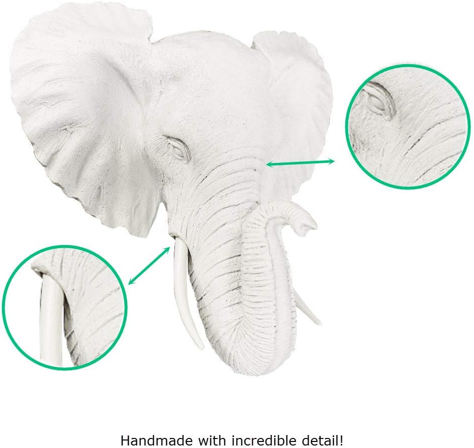 WALL CHARMERS Mini White Faux Elephant Head Wall Hanging - 10" Faux Taxidermy Animal Head Wall Decor - Handmade Farmhouse Decor